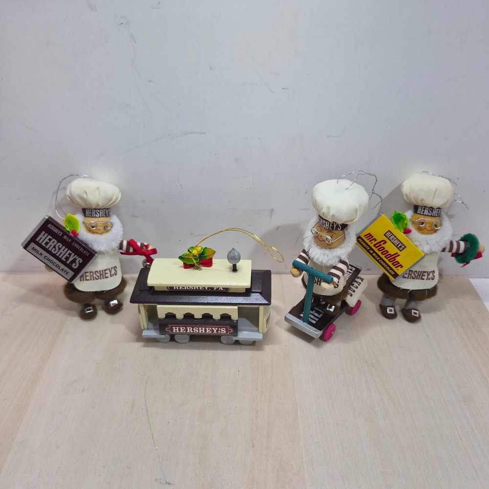 Vintage Hersheys Christmas Ornament Set 4pc Bakers Mr Goodbar Trolley Chocolate